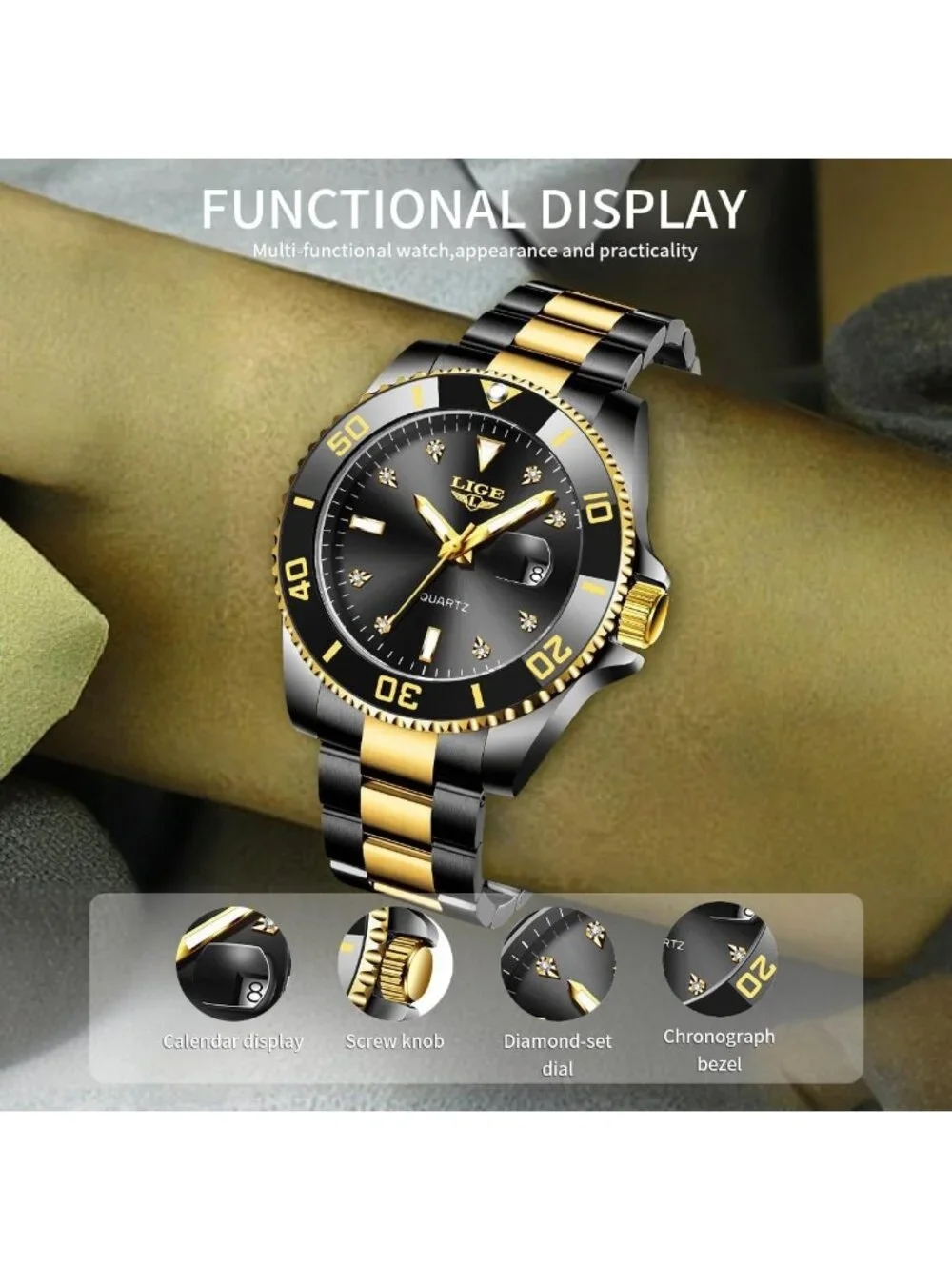 Men's Gold Black Quartz Analog Stainless Steel Waterproof Date Casual Wristwatch